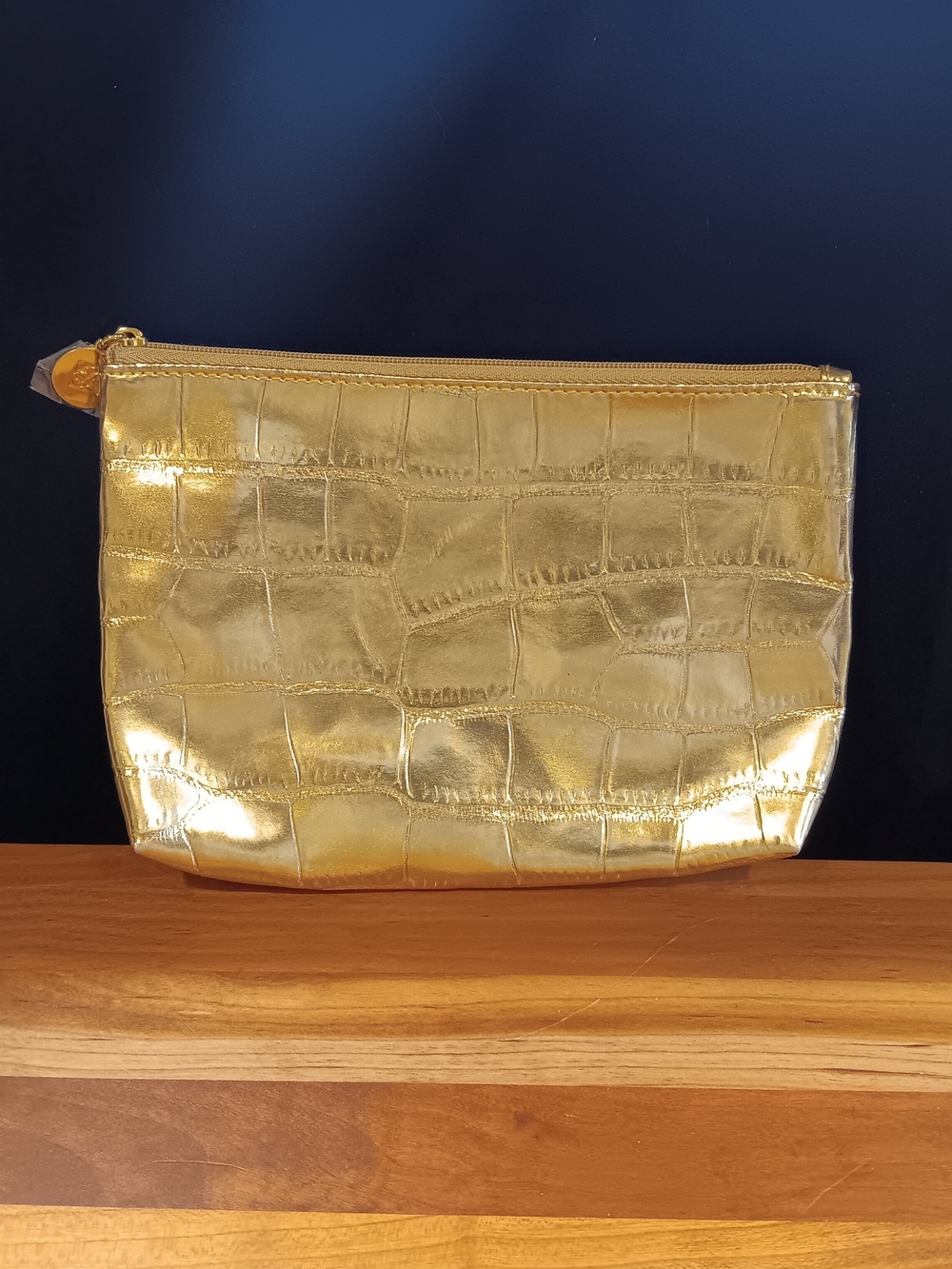 Gold Croc-Embossed Gold Zip Pouch – Women’s Cosmetic Bag